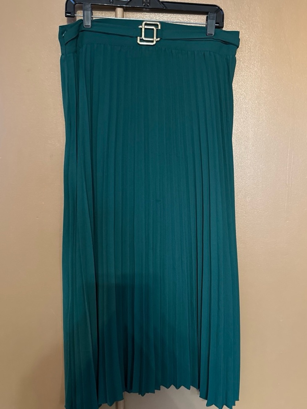 SHEIN Teal Pleated Midi Skirt with Buckle Belt